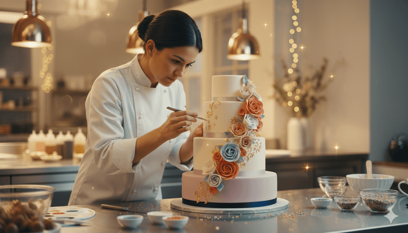 A pastry chef hand-decorating a tiered celebration cake in a studio kitchen