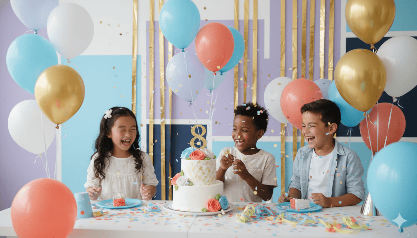 Children laughing at a colourful birthday party with balloons and a celebration cake