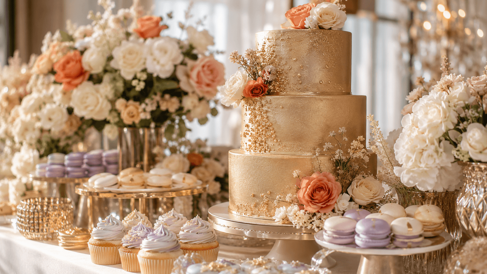 An elegant dessert table with a tiered cake and sweets