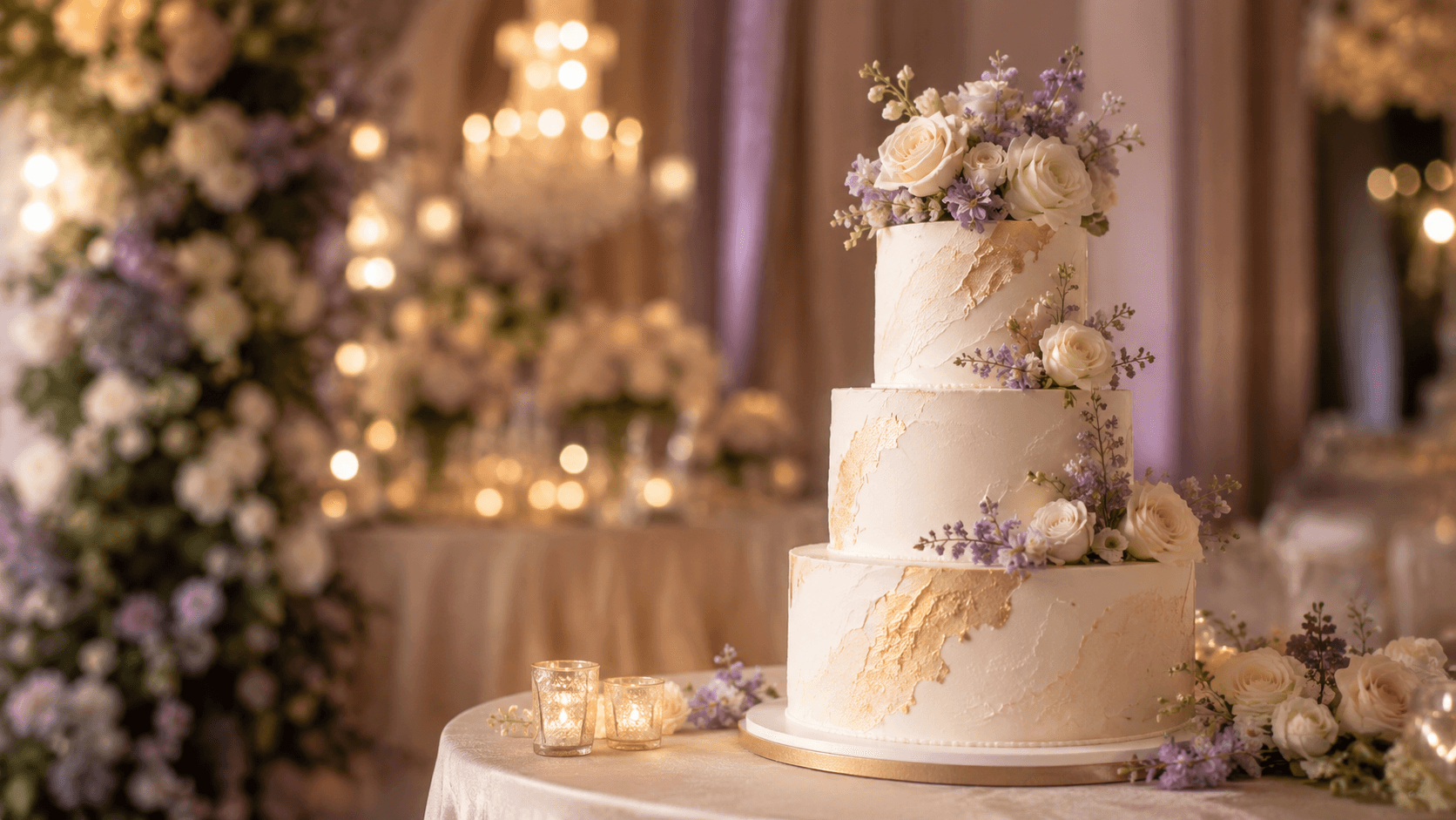 A multi-tier wedding cake styled for a reception